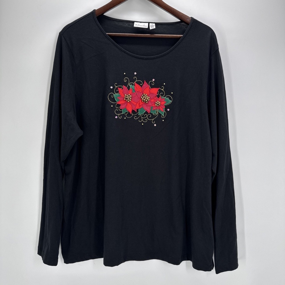 Kim Rogers Women's 2X Black Christmas Beads & Sequin Knit Scoop Neck T-Shirt‎
